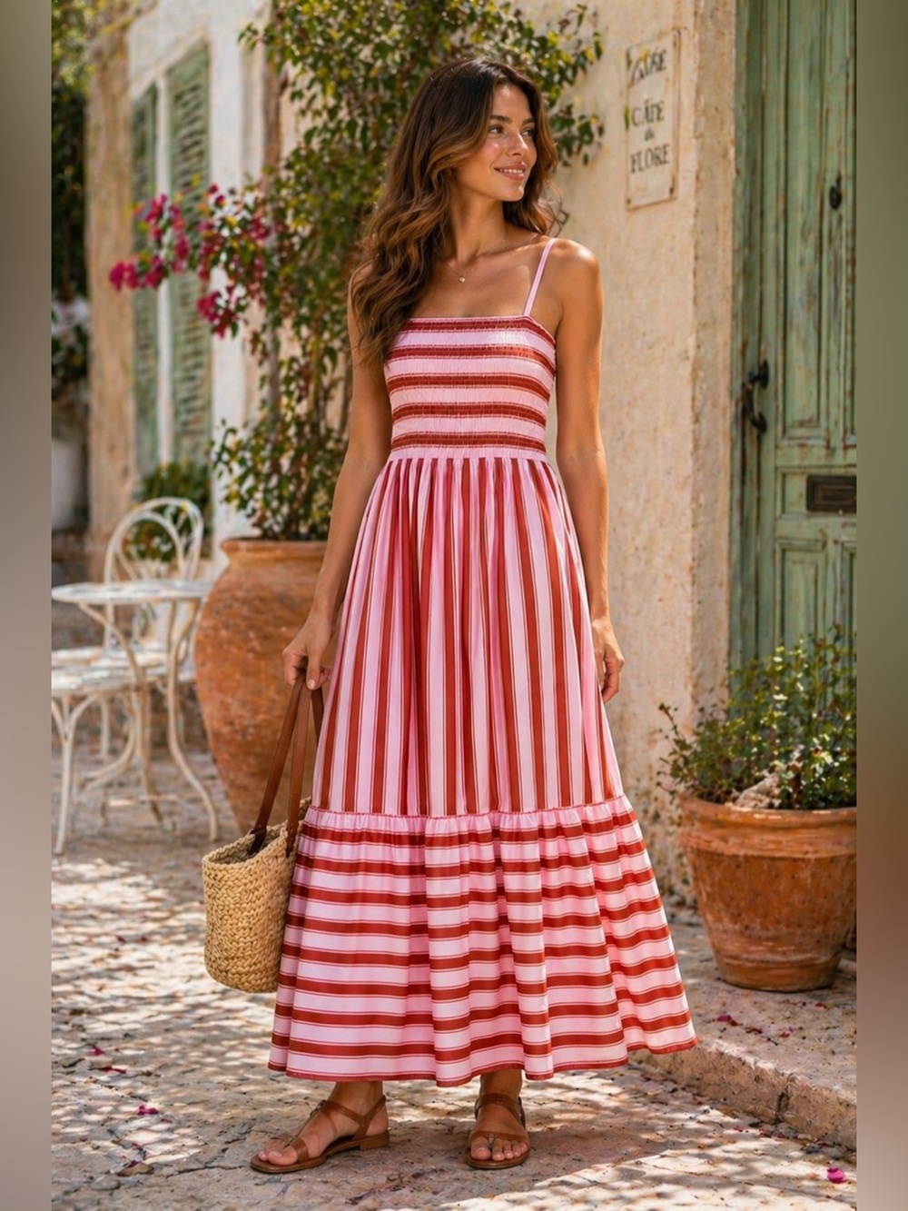 Kate Spade Calais Stripe Smocked Maxi Dress Resort Pink S